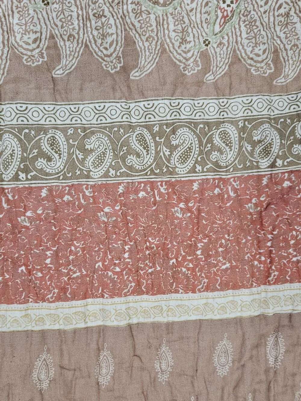 Soft Surroundings Paisley Stripe QUEEN Muslin Quilt Oatmeal Pink Mustard Muted